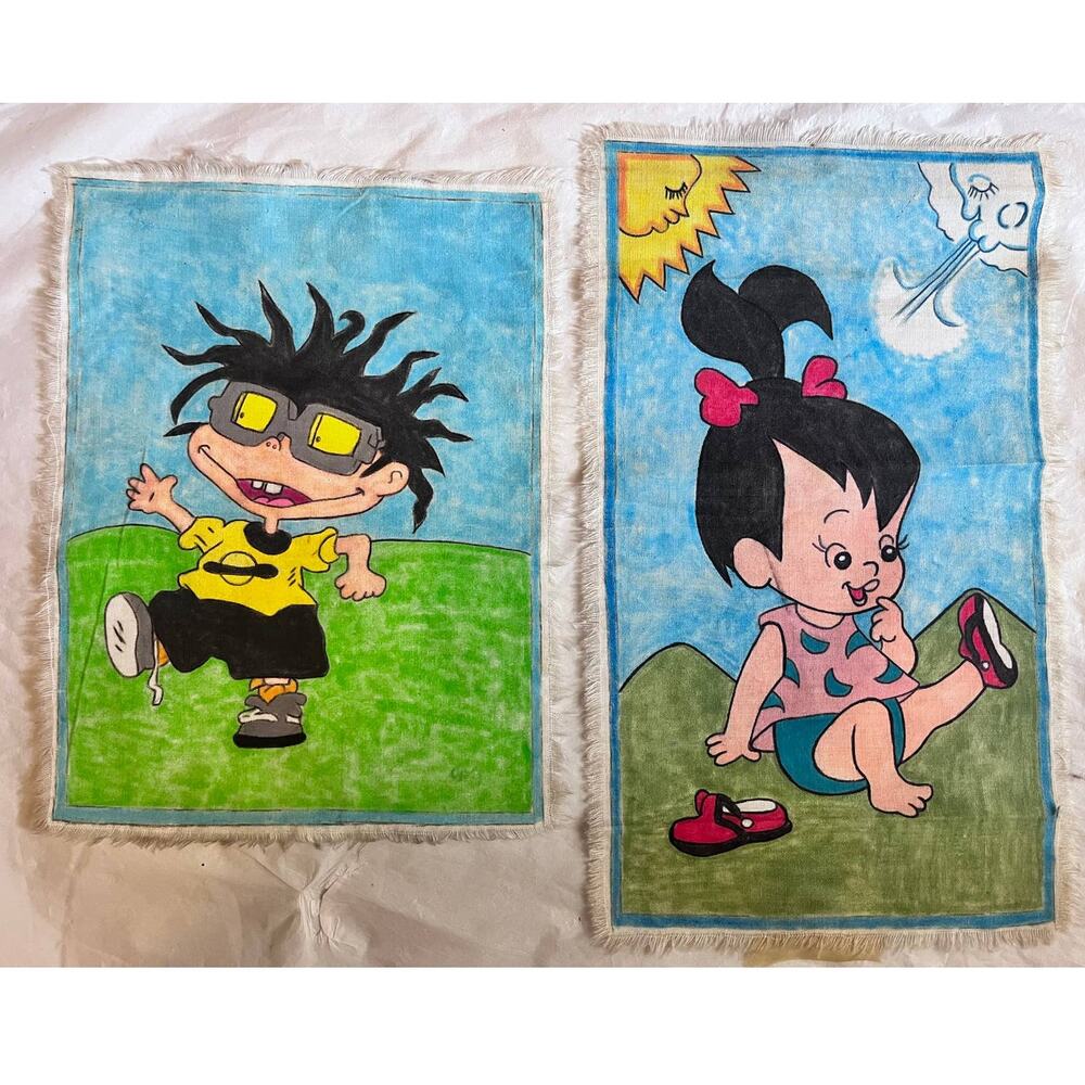 Lot Of 2 Painted Fabric Art Children, Kids, Rugrats, Boy 9.5" x 7" Girl 12" x 7"